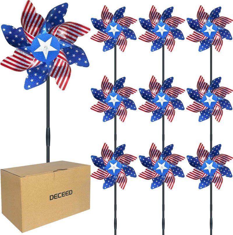 DECEED 10 PCS Reflective Pinwheels for Yard and Garden Bird Devices Pre-Installed Sparkly Wind Spinner Deterrent to Scare Birds Away from Yard Patio Farm (Red&White&Blue) - Image 1